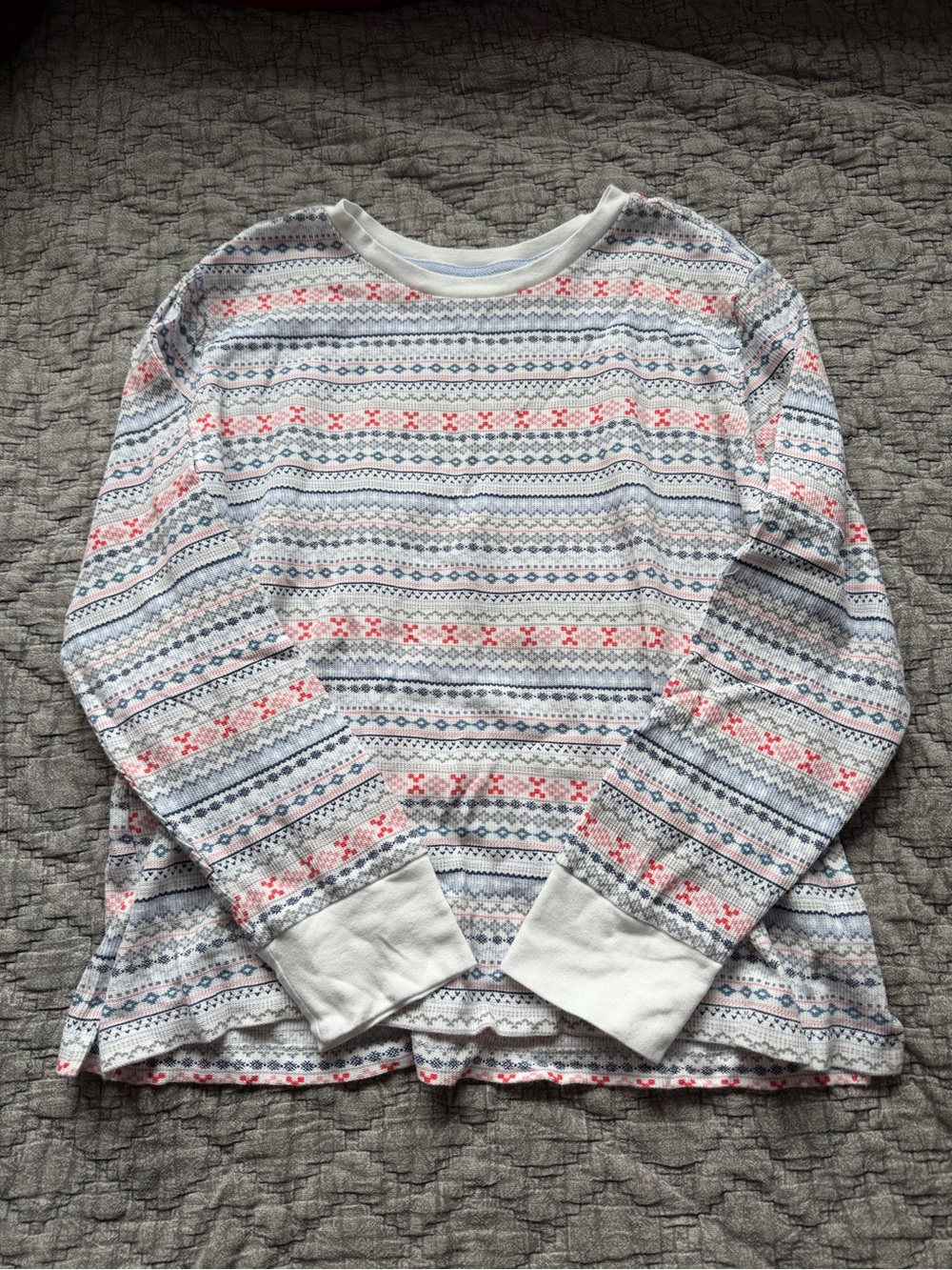Cozy Fair Isle Long-Sleeve Pajama Set in White with Pink & Blue